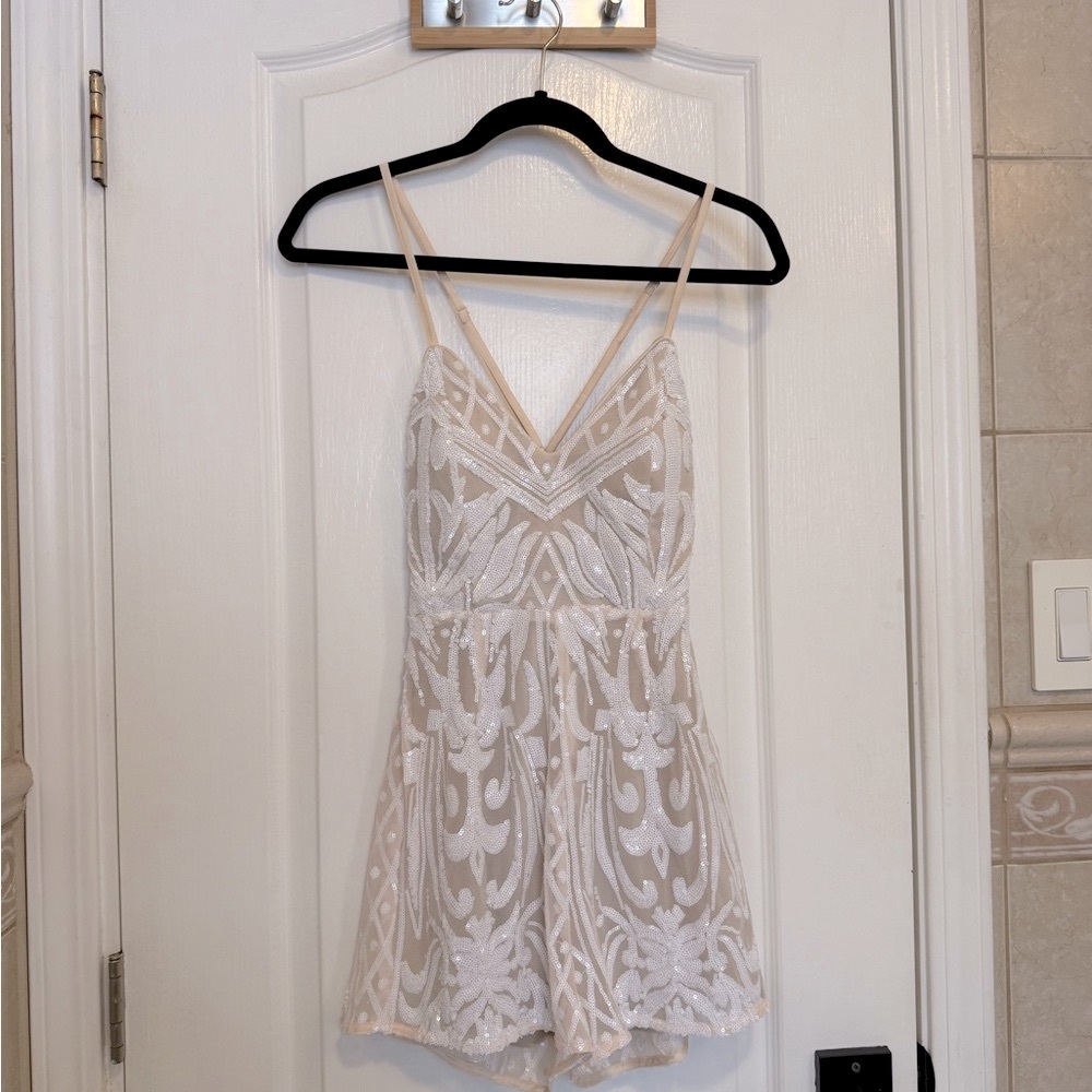Lulu’s Catch a Spark White and Beige Sequin Romper